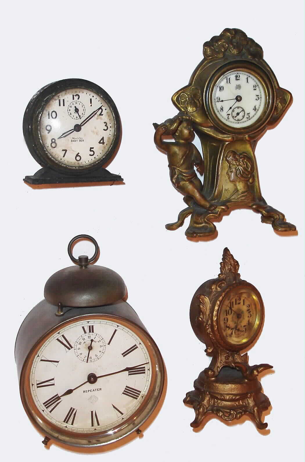 Clocks- (4): an unsigned gold plate novelty clock, Height 6.5 inches a Westclox Baby Ben alarm clock, Height 3 inches a Jennings Bros. gold plated novelty clock and an Ansonia "Repeater" nickel plate alarm clock, Height 7 inches — Antique Clocks Price Guide