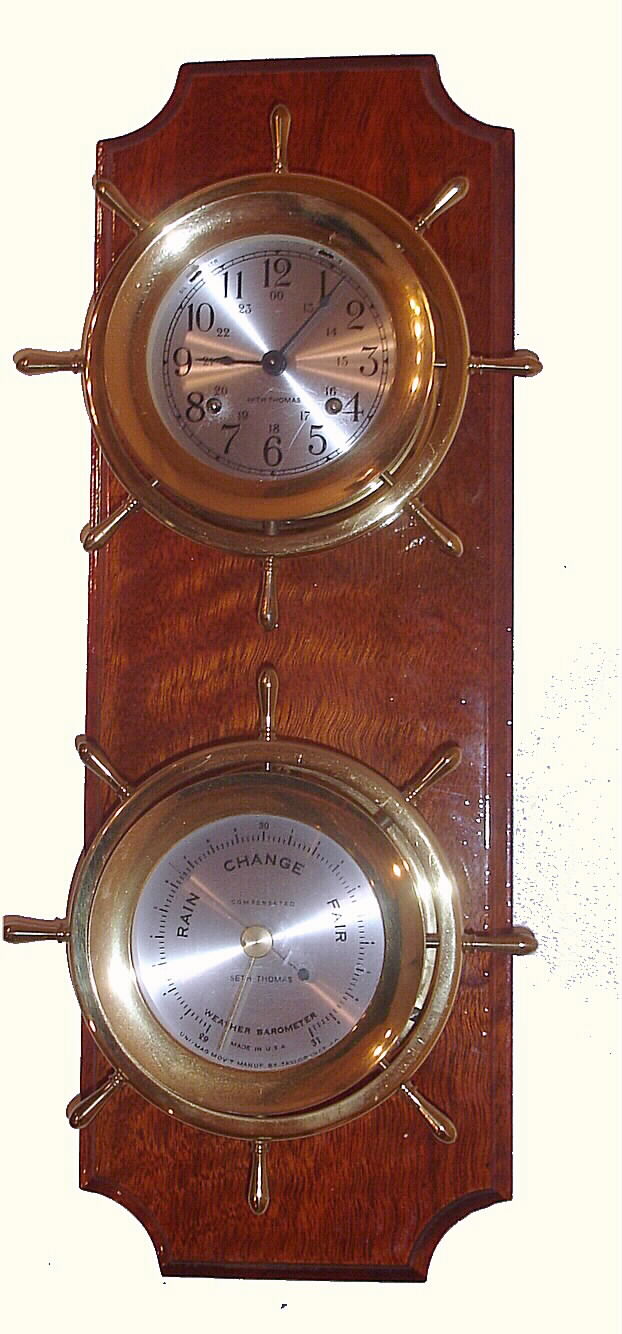 Seth Thomas, Norcross GA, mounted marine set, German ship's bells 8-day movement, Taylor barometer, C.1999. — Antique Clocks Price Guide