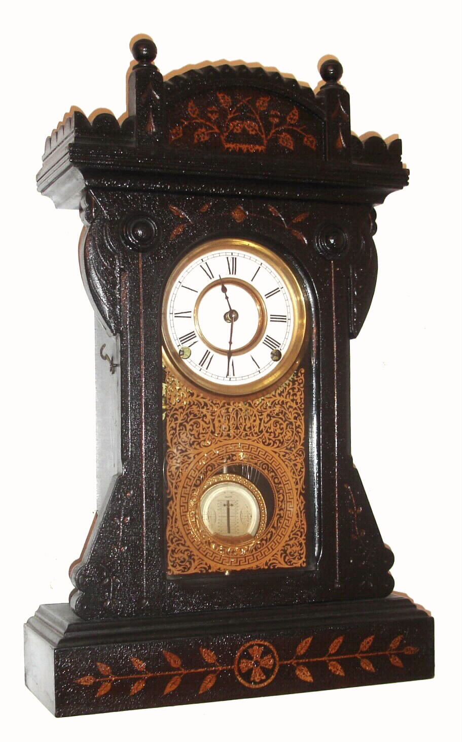 F. Kroeber Clock Co., New York, "Saratoga" ebony 8-day time and strike mantel clock, C.1881. — Antique Clocks Price Guide