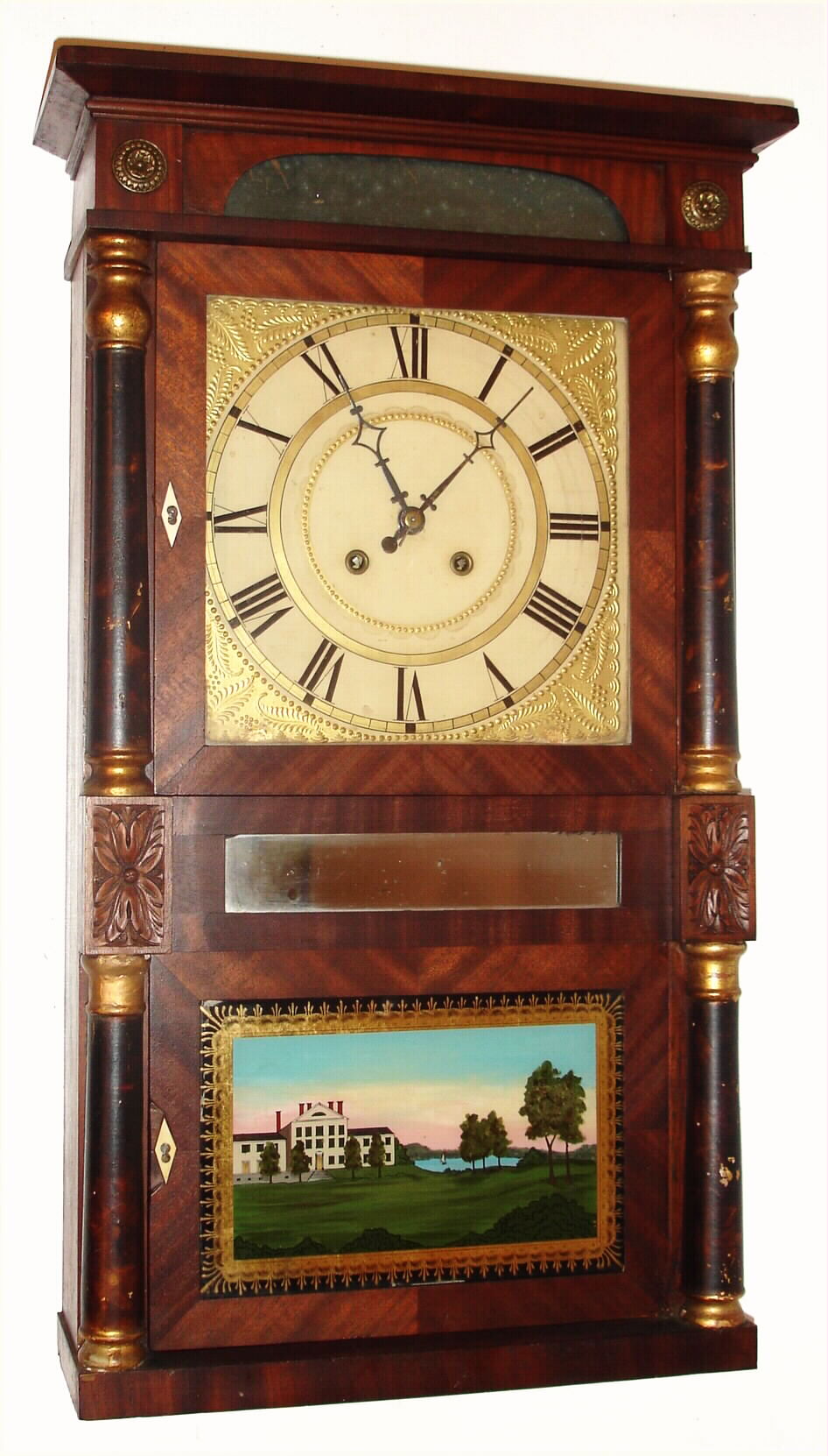 P. Mason, Somerville N.J., double-decker 8-day brass-works time and strike weight-driven mahogany shelf clock, C.1842. — Antique Clocks Price Guide
