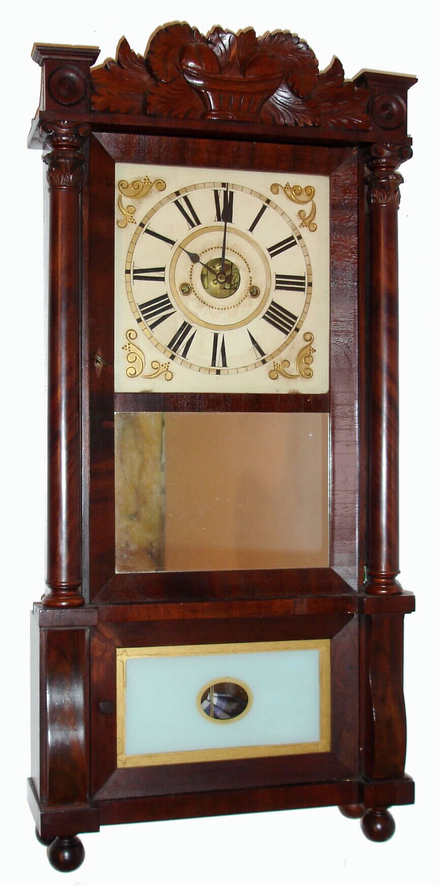 Forestville Mfg. Co., Bristol Conn., 8-day weight-driven brass-works time and strike mahogany shelf clock, C.1837. — Antique Clocks Price Guide