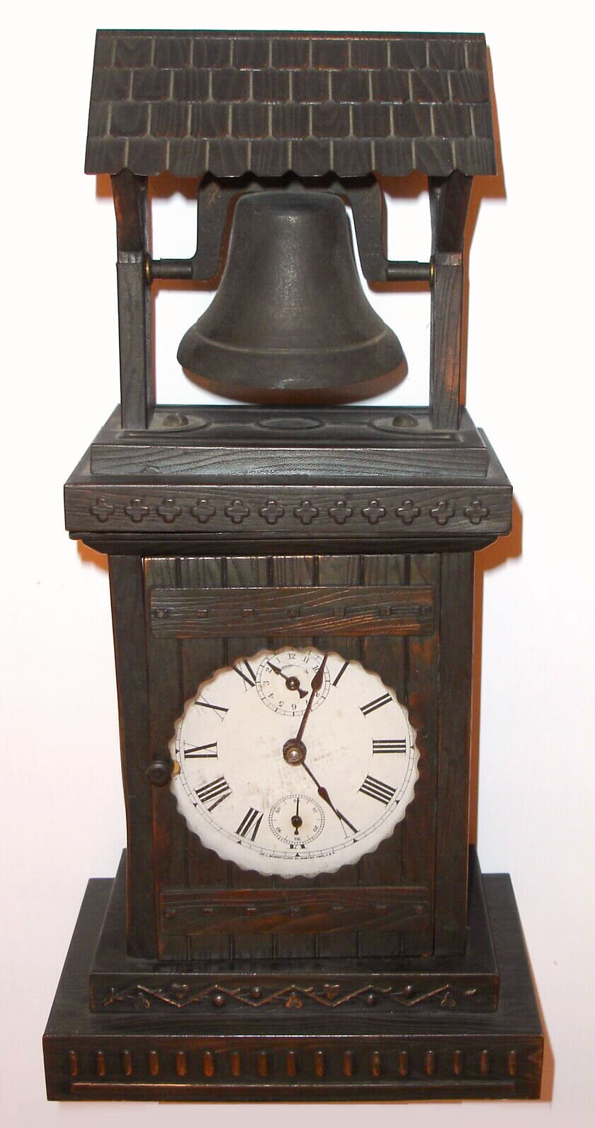 Wm.L. Gilbert Clock Co., Winsted Conn., "Belfry Alarm" 30-hour rolling bell clock, C.1898. — Antique Clocks Price Guide