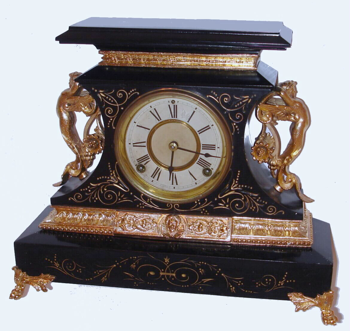 Ansonia Clock Co., New York, "Rosalind" black enameled iron 8-day time and strike mantel clock, C.1904. — Antique Clocks Price Guide