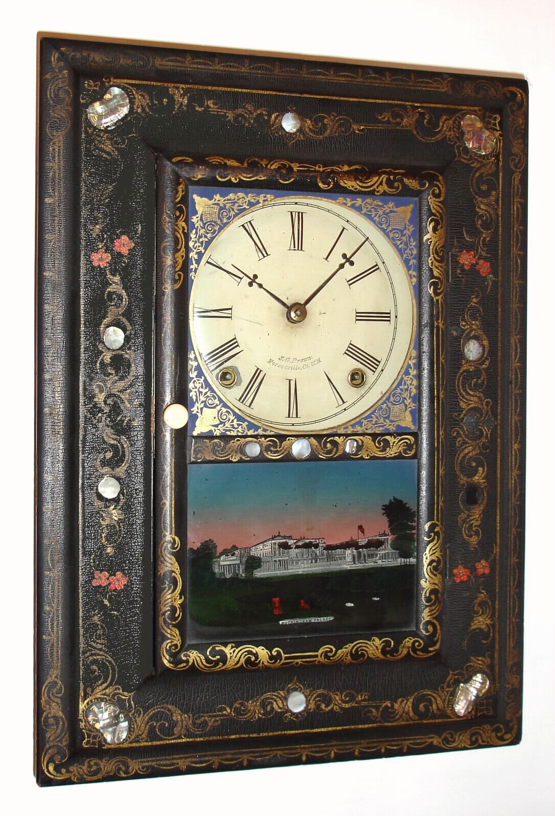 Forestville Mfg. Co., J.C. Brown, Bristol Conn., 8-day time and strike MOP picture-frame clock, C.1845. — Antique Clocks Price Guide