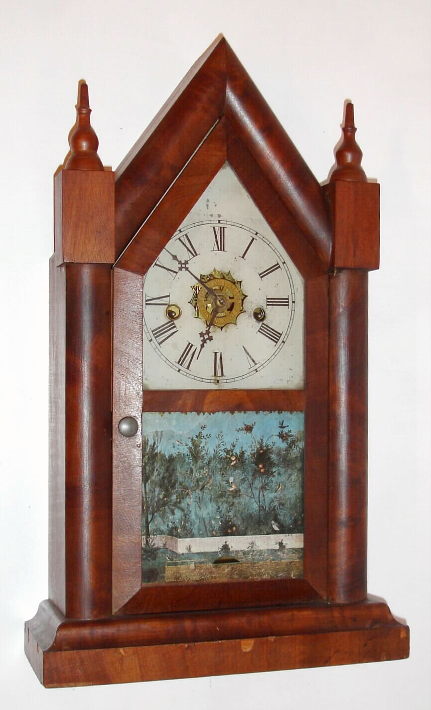 Waterbury Clock Co., Conn., "Large Gothic" 30-hour time/strike/alarm rosewood steeple clock, C.1883. — Antique Clocks Price Guide