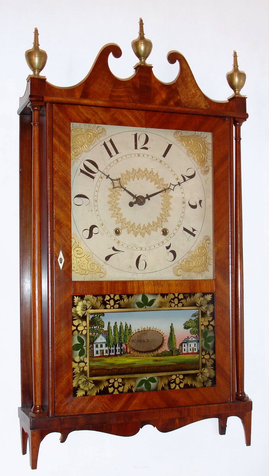 Chauncey Ives, Bristol, Conn., 30-hour mahogany time and strike wooden-works pillar and scroll shelf clock, C.1828. — Antique Clocks Price Guide