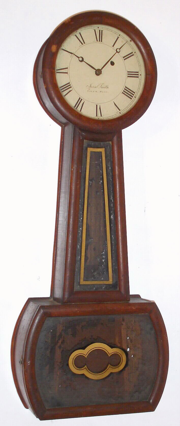 Banjo Clock, probably Attleboro Mass., dial signed "Jesse Smith, Salem, Mass.", 8-day mahogany timepiece, weight, C.1845. — Antique Clocks Price Guide