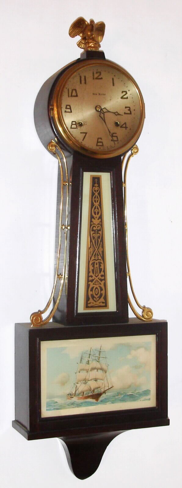 New Haven, New Haven, Conn. "Whitney" banjo 8 day time and strike spring driven banjo in mahogany finished case, c1920 — Antique Clocks Price Guide