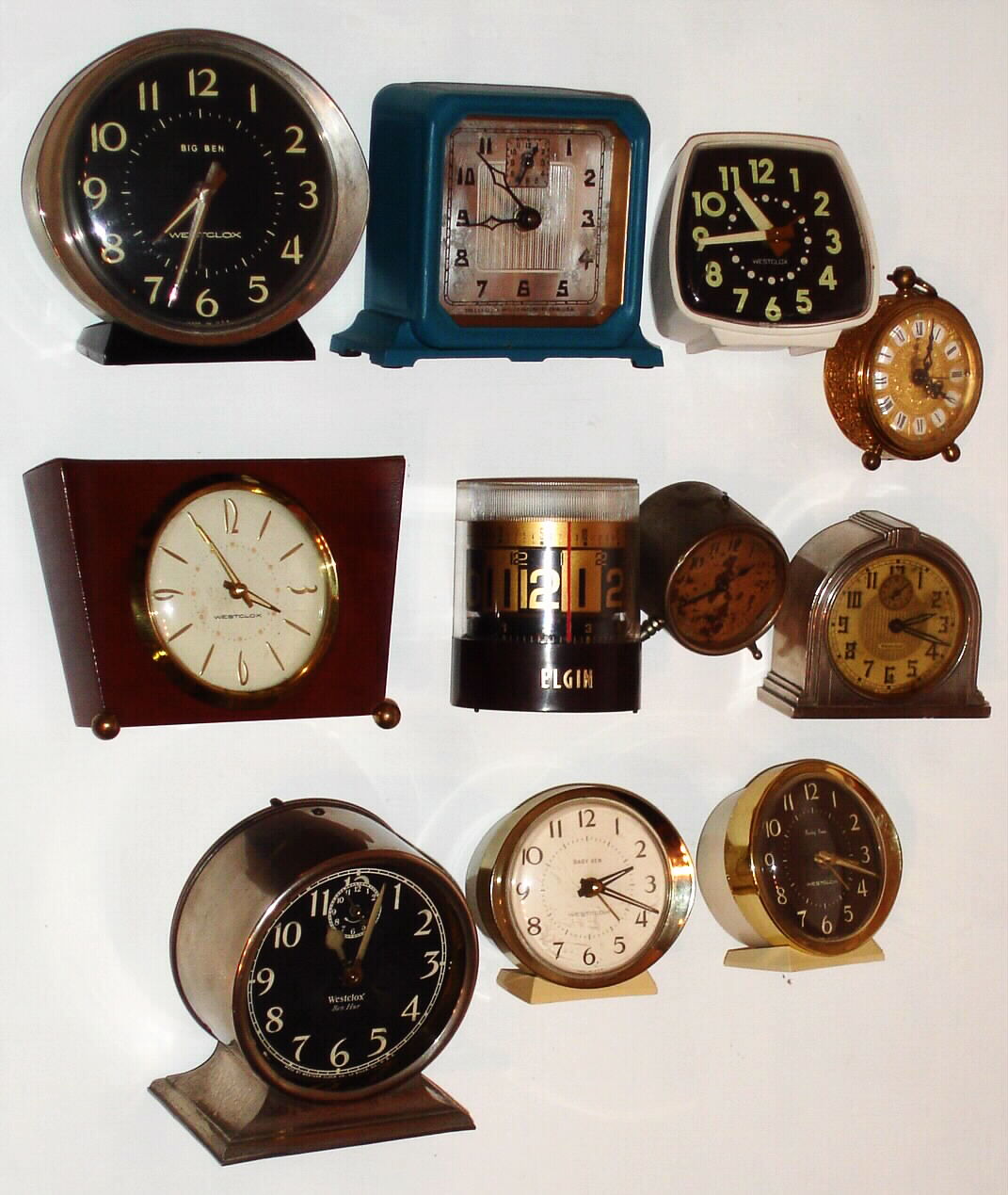 Clocks- (11) alarm clocks; (6) Westclox, an unusual Elgin annular, a Lux, a New Haven and a Linden — Antique Clocks Price Guide
