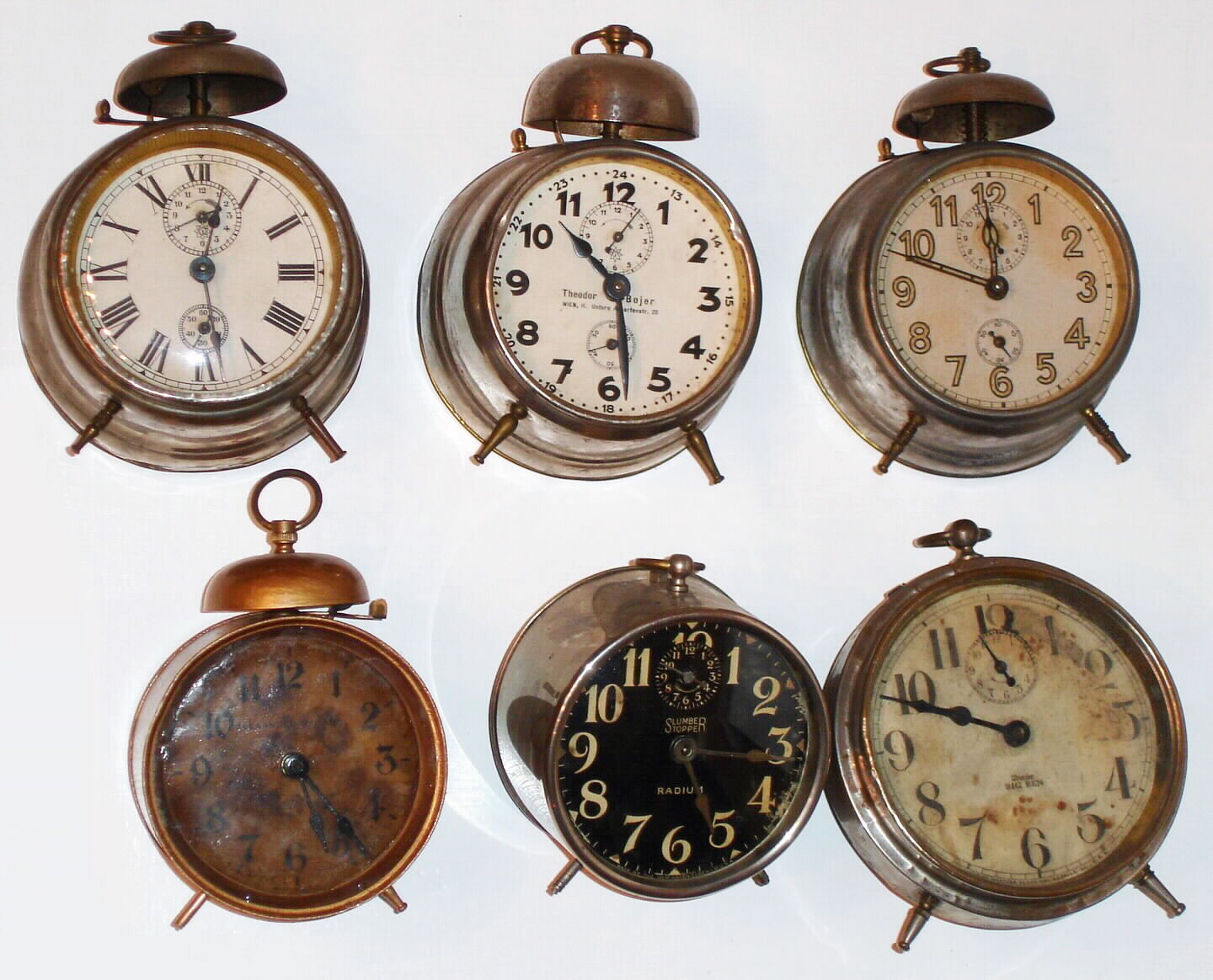 Clocks- (6) alarm clocks: (3) Vienna bell-on-top models one by Junghans, a New Haven radium dial, Alexander Mfg Co. U.S.A. bell-on-top and a Westclox Big Ben — Antique Clocks Price Guide