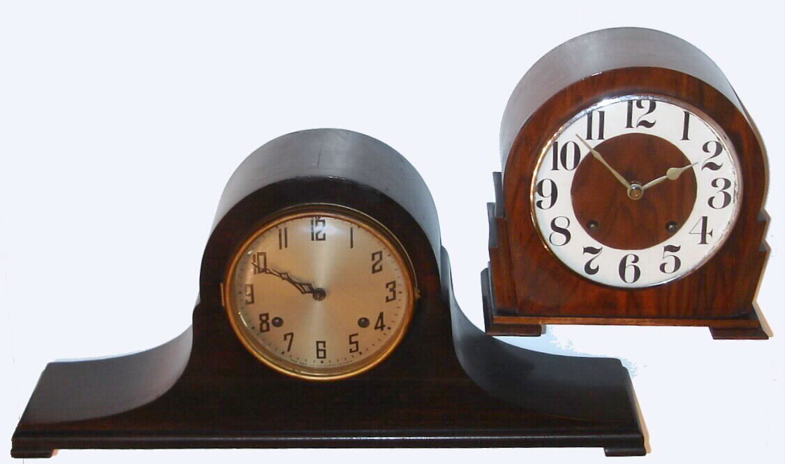 Clocks- (2) mantel clocks: a New Haven 8 day time and strike tambour clock and an English 8 day time and strike in mahogany veneered Deco style case — Antique Clocks Price Guide