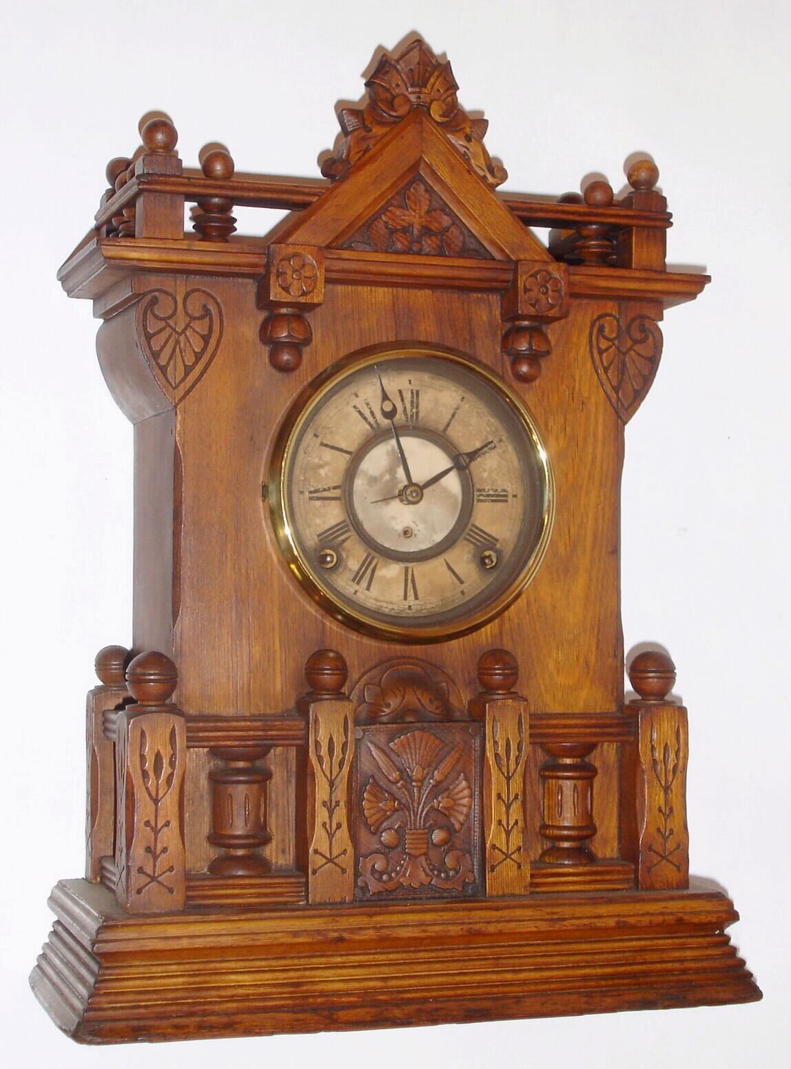 F. Kroeber Clock Co., New York "Cabinet No. 57" mantel clock 8 day time and strike spring driven Asian No. 1 movement in ash wood case, c1890 — Antique Clocks Price Guide