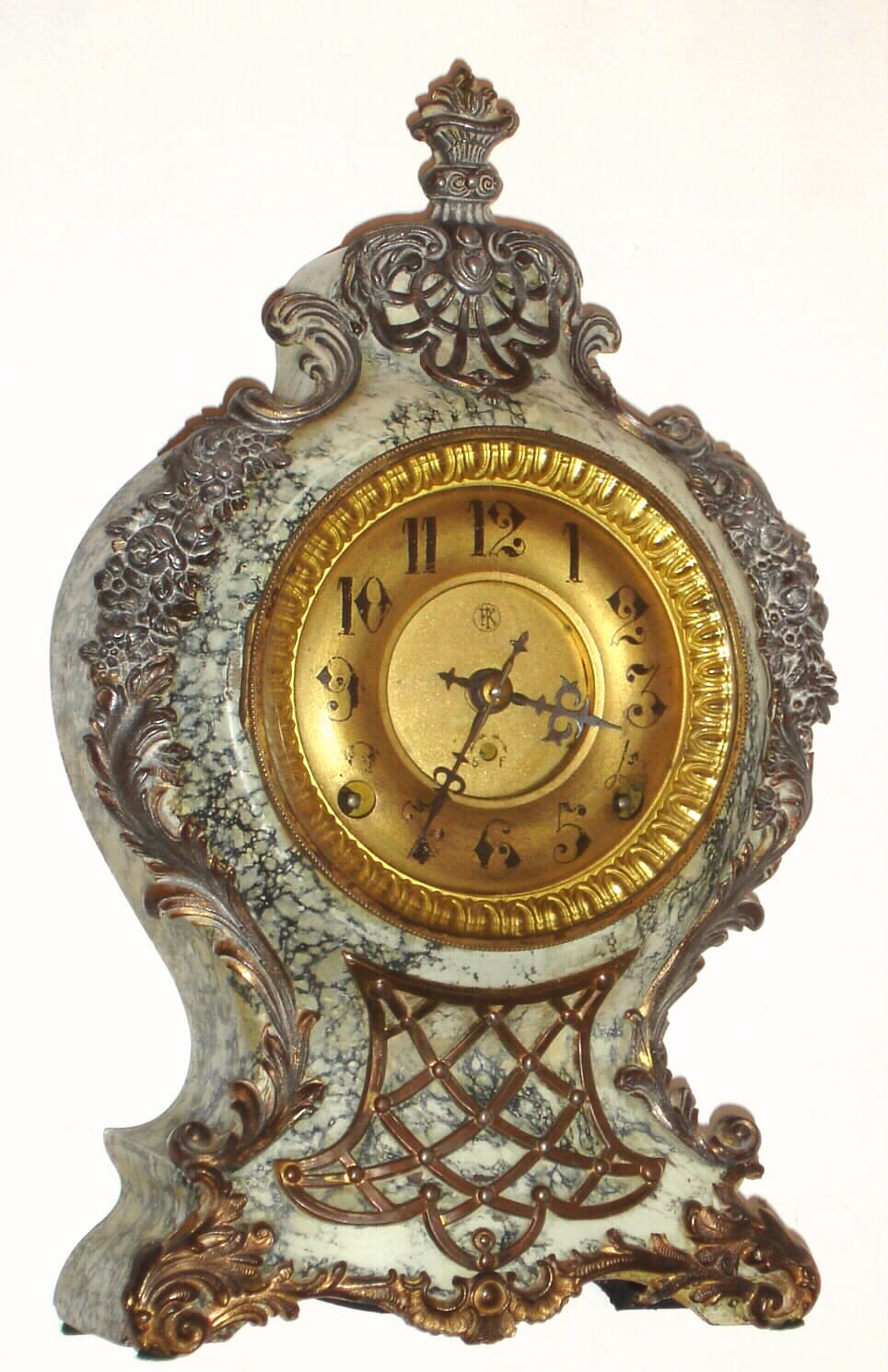 F. Kroeber Clock Co., New York "Moliere" mantel clock garniture set 8 day time and strike spring driven Eclipse movement in variegated enamel over iron case with cast metal appliquEs and painted brass dial with beveled glass, c1900 including unrestored matching candelabra — Antique Clocks Price Guide