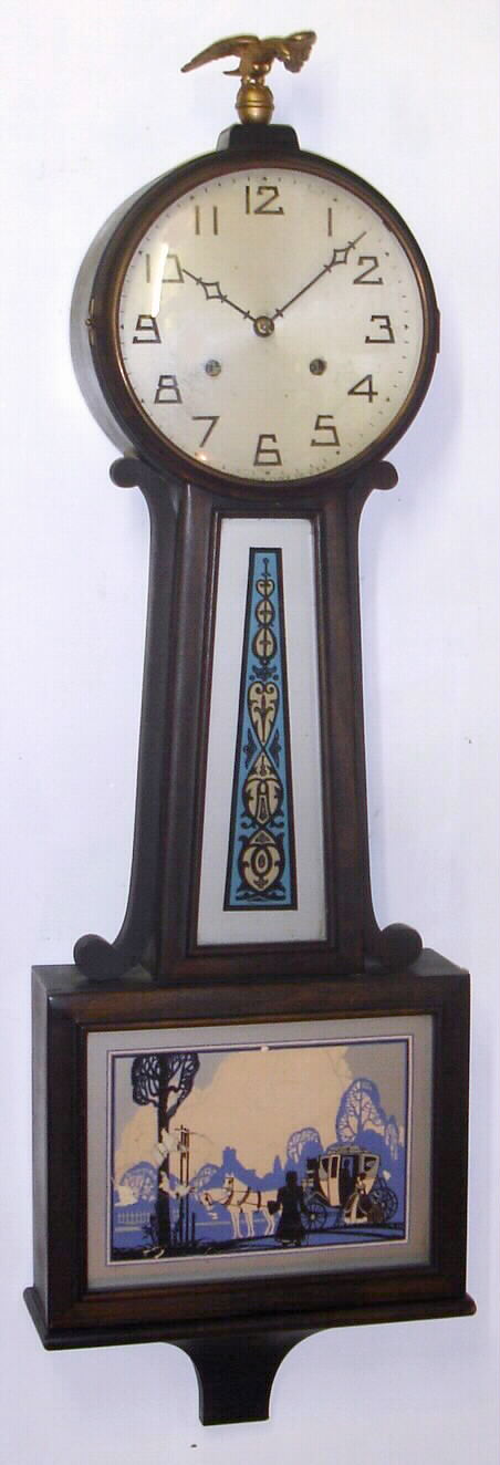 New Haven Clock Co., Conn., "Waring" mahogany full-size 8-day time and strike banjo clock, C.1923. — Antique Clocks Price Guide
