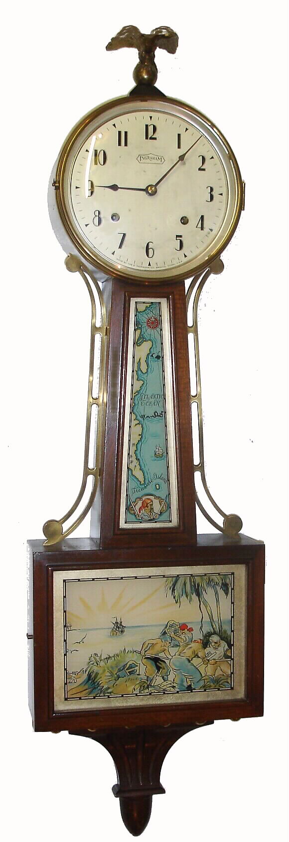 E. Ingraham Company, Bristol, Conn. "Treasure" 8-day time and duo-tone strike banjo mahogany banjo clock, spring, C.1934. — Antique Clocks Price Guide