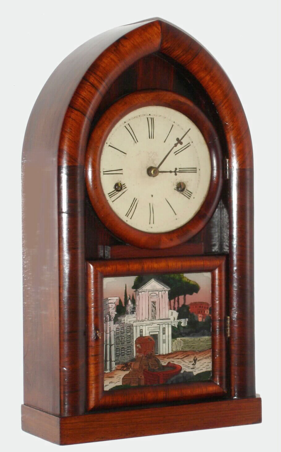 E.N. Welch and Co., Forestville Conn. miniature plain front "Beehive" shelf clock 30 hour time and strike spring driven movement stamped "E. N. WELCH, FORESTVILLE CONN. U.S.A." in rosewood veneer case with Daniel Pratt and Sons label, c1855. — Antique Clocks Price Guide