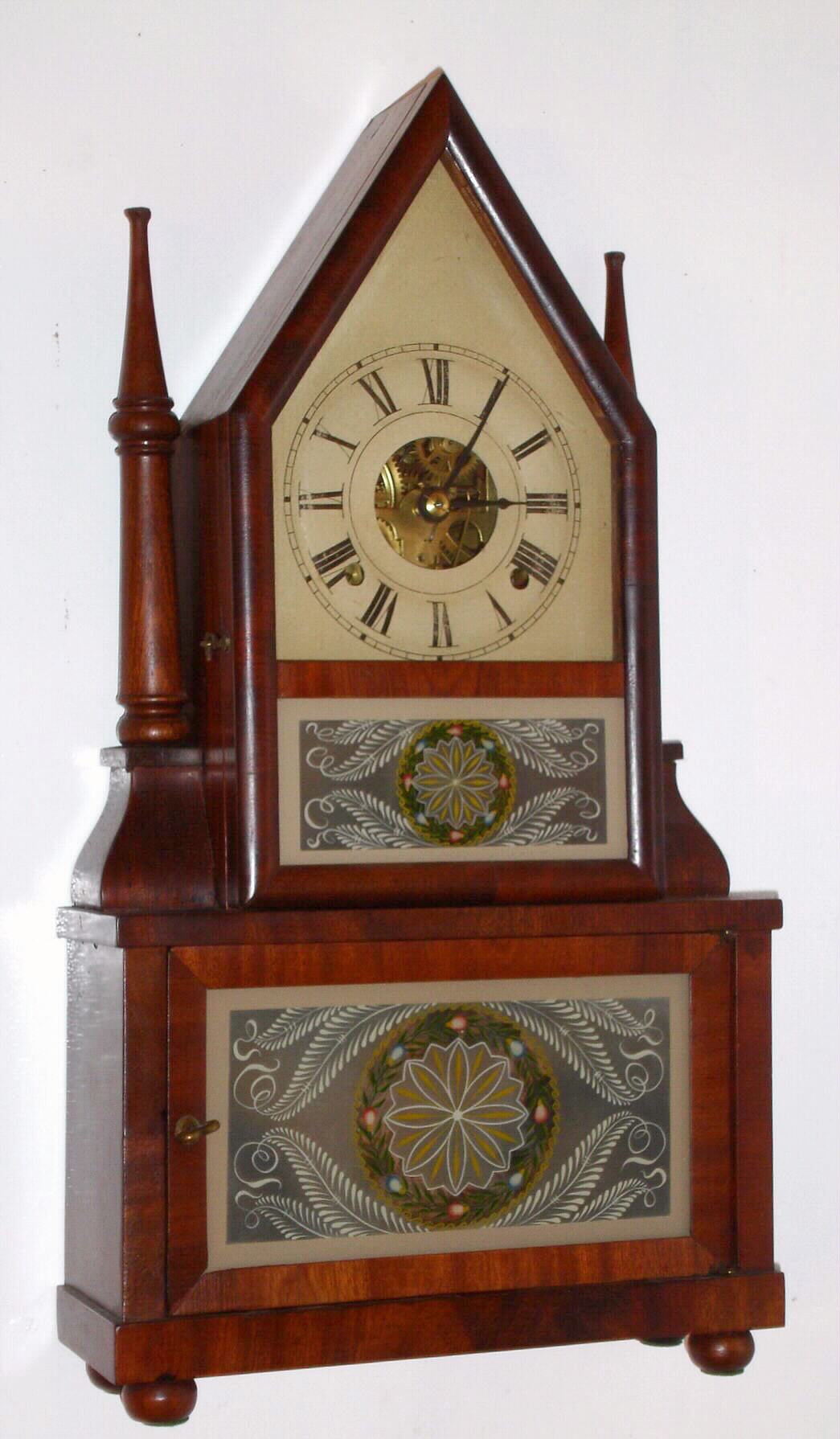 Birge and Fuller, Bristol, Conn., wagon spring mov't in "Single Candlestick Sharp Gothic" on frame, mahogany veneer case, 30 hour time and gong strike, c1845 — Antique Clocks Price Guide
