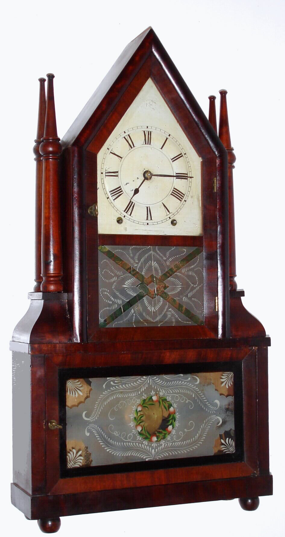 Birge and Fuller, Bristol, Conn. "Double Candlestick Sharp Gothic" or steeple on frame mantel clock with 8 day time and strike wagon spring movement in mahogany veneer case, c1845 — Antique Clocks Price Guide