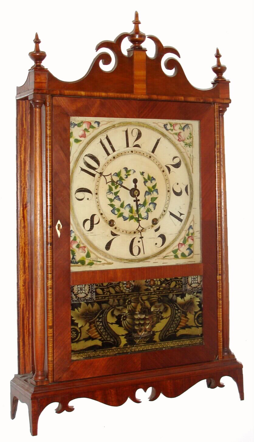 Samuel Terry, Plymouth, Conn., "Whale's Tail" pillar and scroll 30 hour time and strike wooden works movement in mahogany and maple veneer case with painted wooden dial, c1825, with restorations — Antique Clocks Price Guide