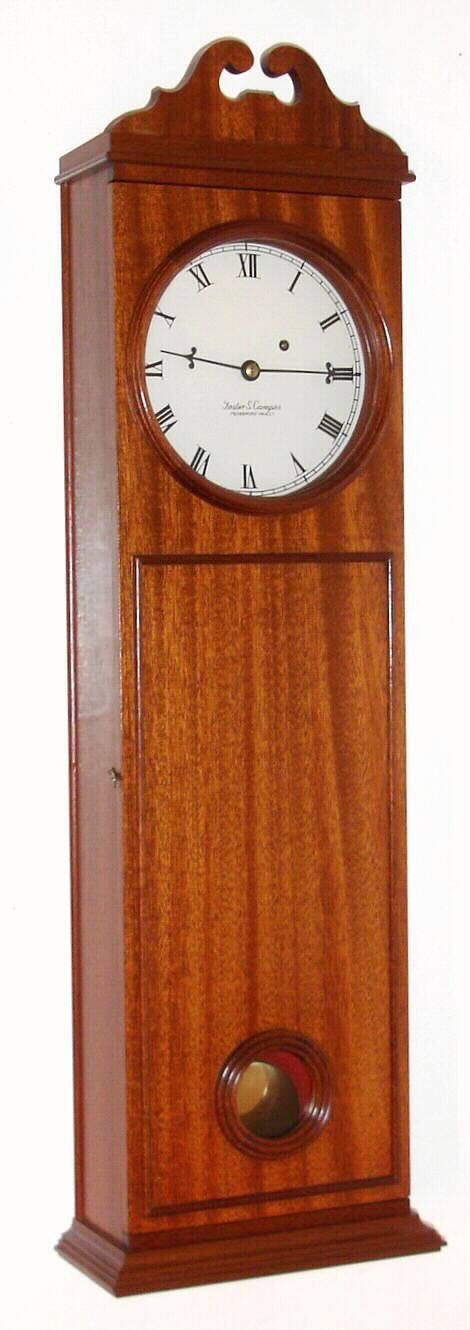 Foster S. Campos, Pembroke, Mass., reproduction New England "coffin" timepiece, 8 day time only single weight driven Lenderman movement in mahogany case, c2003. — Antique Clocks Price Guide
