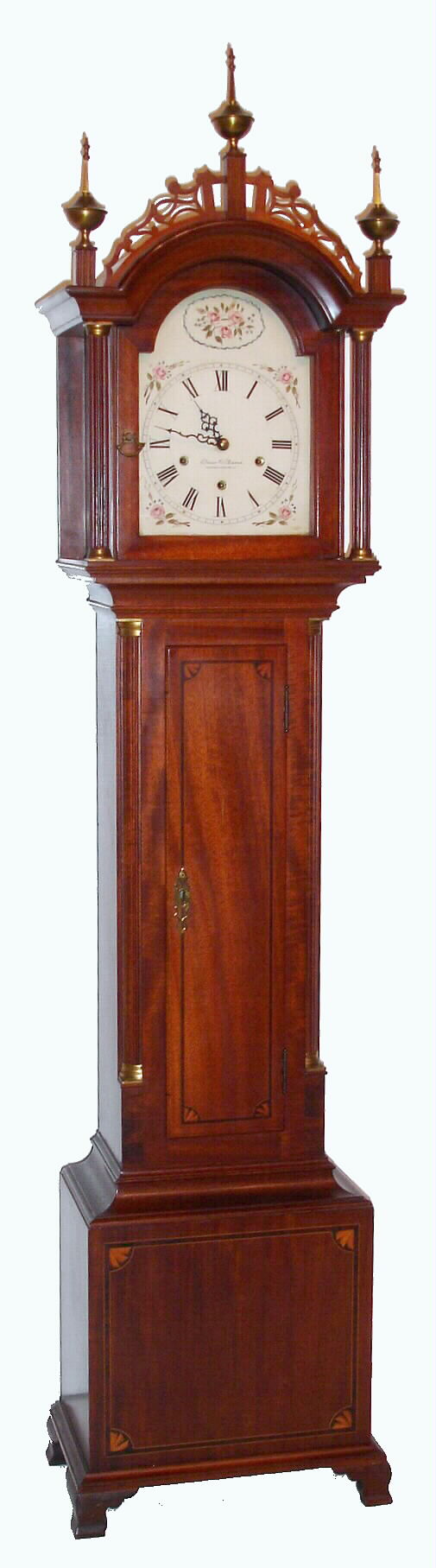 Elmer O. Stennes, Weymouth, Mass., "GM1" grandmother tall case clock with 8 day Westminster chime spring driven movement by Smiths, England in Roxbury style mahogany inlaid case, with reeded quarter columns and a fretted hood, c1968. — Antique Clocks Price Guide