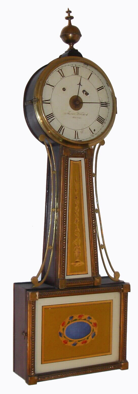 Aaron Willard, Boston banjo wall clock time and alarm 8 day weight driven movement in mahogany case with gold rope molded front with painted iron dial and brass alarm center, c1830 — Antique Clocks Price Guide