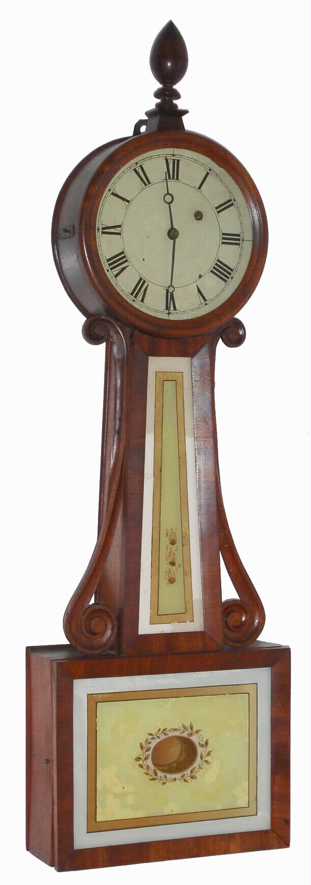 North Attleboro banjo wall clock possibly Horace Tifft 8 day time only weight driven movement in mahogany case with reverse painted throat and tablet glasses, c1840 — Antique Clocks Price Guide