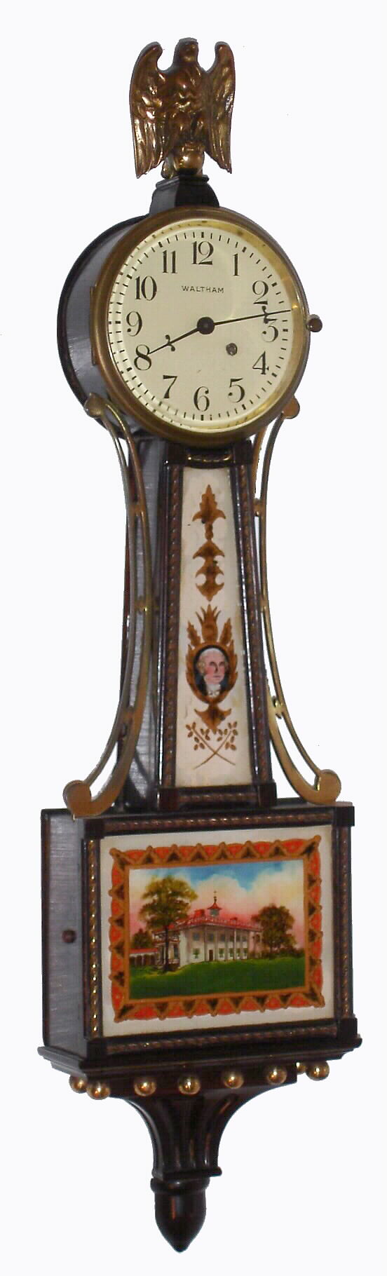 Waltham Clock Co., Waltham, Mass., "No. 1555" miniature banjo wall clock 8 day time only key wind spring driven movement in mahogany rope front case with reverse painted throat and lower tablets, c1930 — Antique Clocks Price Guide