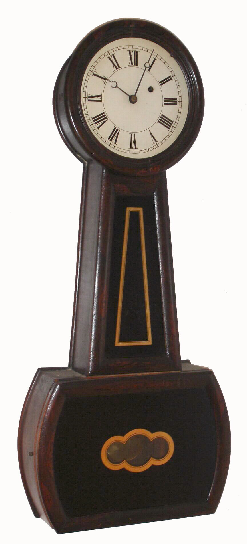 Boston area banjo, in the style of a Howard No. 4, wall clock with 8 day time only weight driven movement in rosewood grain painted case, c1860 — Antique Clocks Price Guide