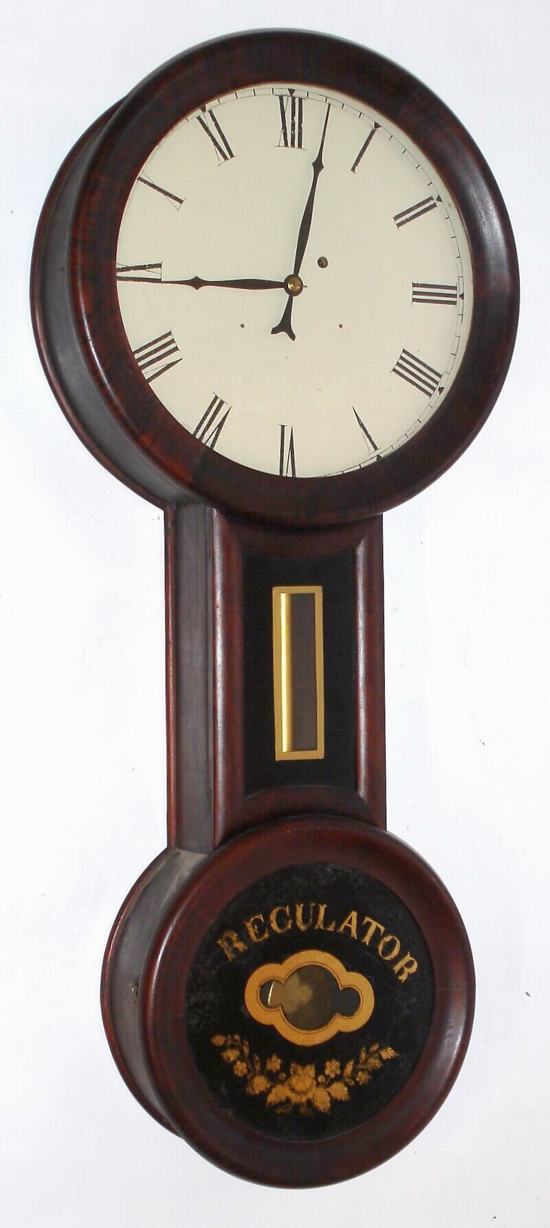 Williams and Hatch, North Attleboro, Mass., "Baltimore Banjo" wall clock 8 day time only weight driven movement in rosewood grain painted case with circular head and base or figure 8 style, c1870 — Antique Clocks Price Guide
