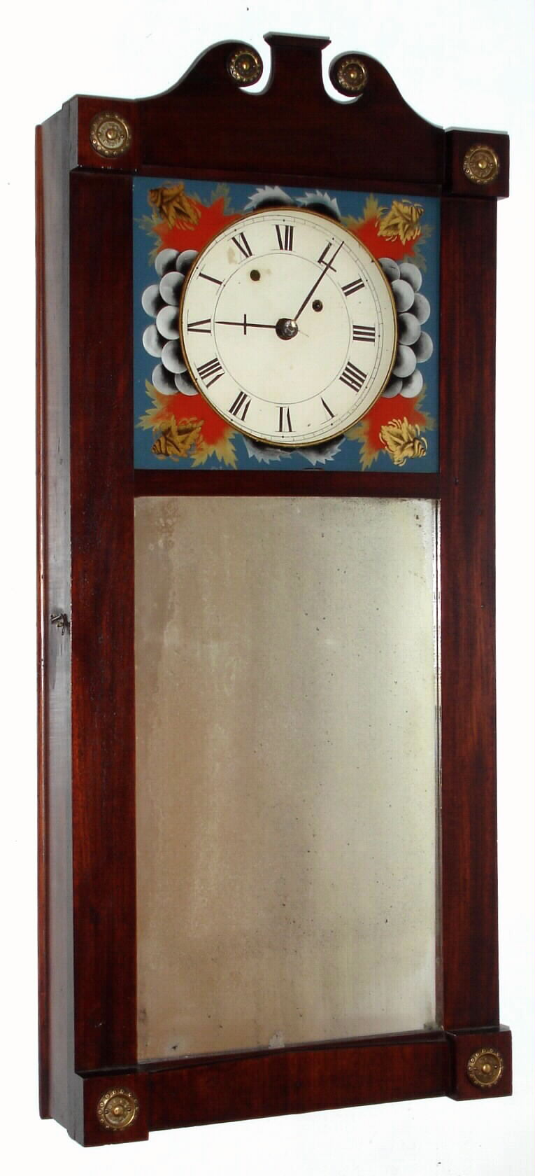 Chandler type "New Hampshire Mirror" wall clock 8 day time and alarm weight driven movement in mahogany case with reverse painted upper glass and mirrored tablet, c1820, as-found — Antique Clocks Price Guide