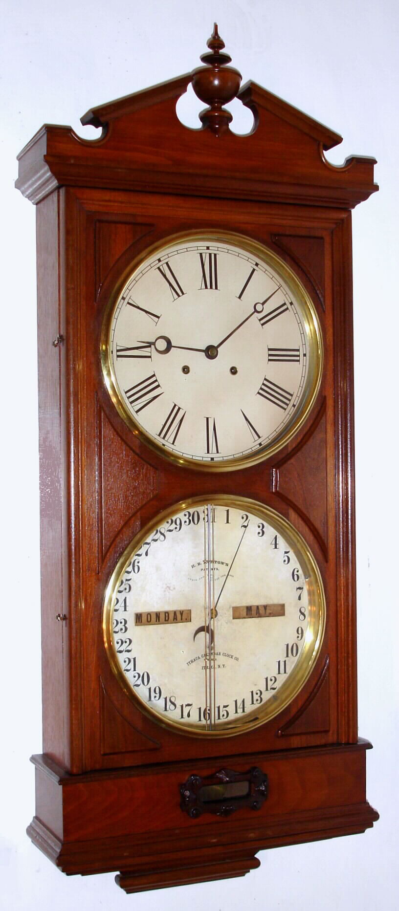 Ithaca Calendar Clock Co., Ithaca, New York, "No. 2 Regulator" or "Hanging Bank Clock" double dial calendar wall clock 8 day time only double weight movement with perpetual calendar in walnut case, c1875 — Antique Clocks Price Guide