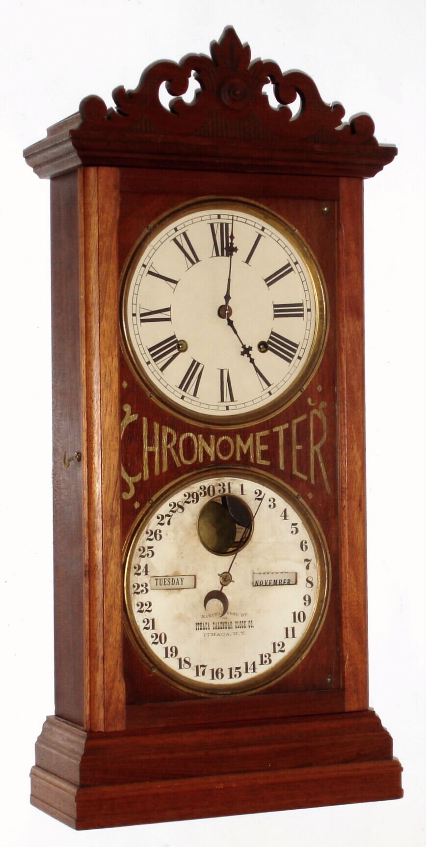 Ithaca Calendar Clock Co., Ithaca, New York prototype double calendar shelf clock 8 day time and strike spring driven movement with perpetual calendar in walnut case, c1880 — Antique Clocks Price Guide