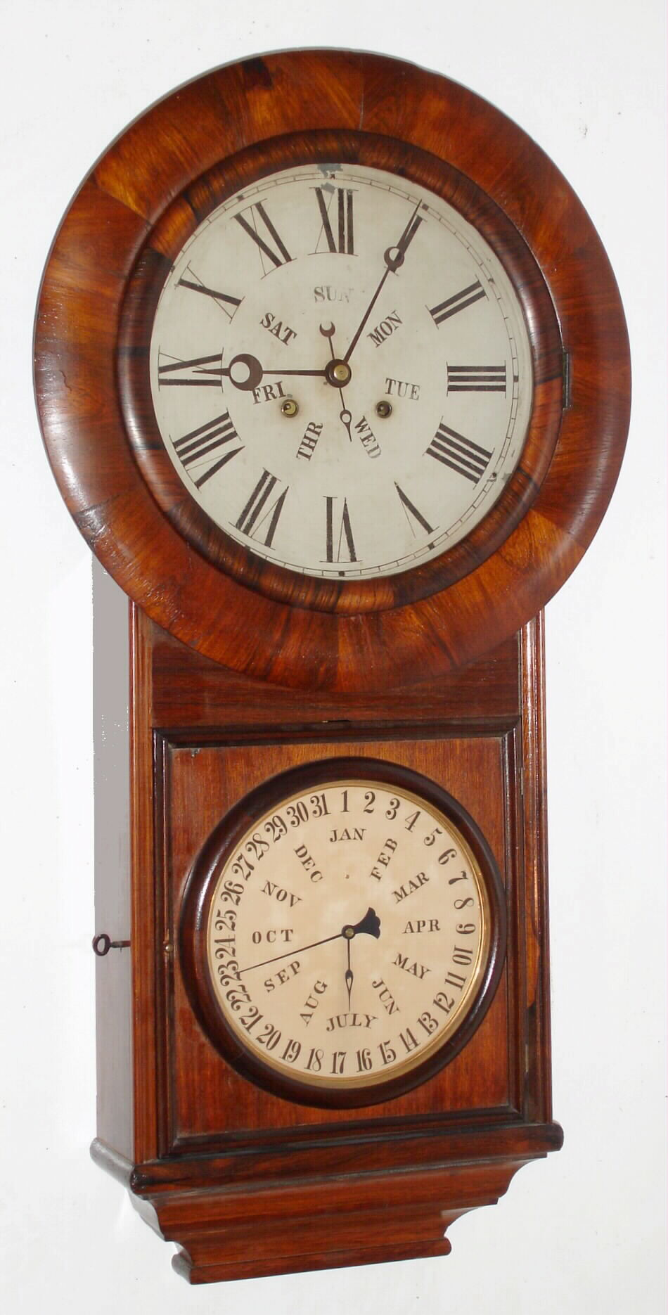 Welch Spring and Co., Forestville, Conn. "Regulator No. 2" double dial calendar wall clock 8 day time only two weight movement with B. B. Lewis perpetual calendar in rosewood and rosewood veneer case, c1870 — Antique Clocks Price Guide