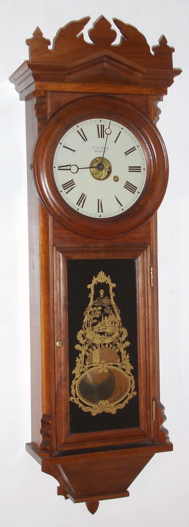 William E. Hadlock, Roxbury, Mass. wall regulator clock with 8 day time only spring driven movement in walnut case with painted metal dial signed for "C. A. Mills, Boston", c1880 — Antique Clocks Price Guide