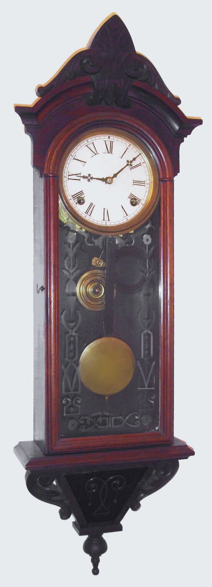 F. Kroeber Clock Co., New York, "Regulator No. 31" 8 day time and strike spring driven movement stamped "F KROEBER NEW YORK" in walnut case, c1880 — Antique Clocks Price Guide