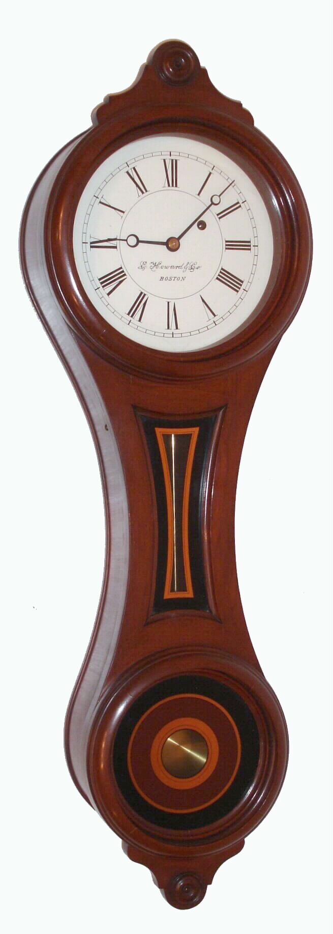 E. Howard and Co., Boston, "Regulator No. 10" (figure 8 re-issue) 8-day time only weight driven movement stamped "E. HOWARD and CO. BOSTON 10" and stamped with serial number (0351) and date [8-76] in walnut case, c1976. — Antique Clocks Price Guide