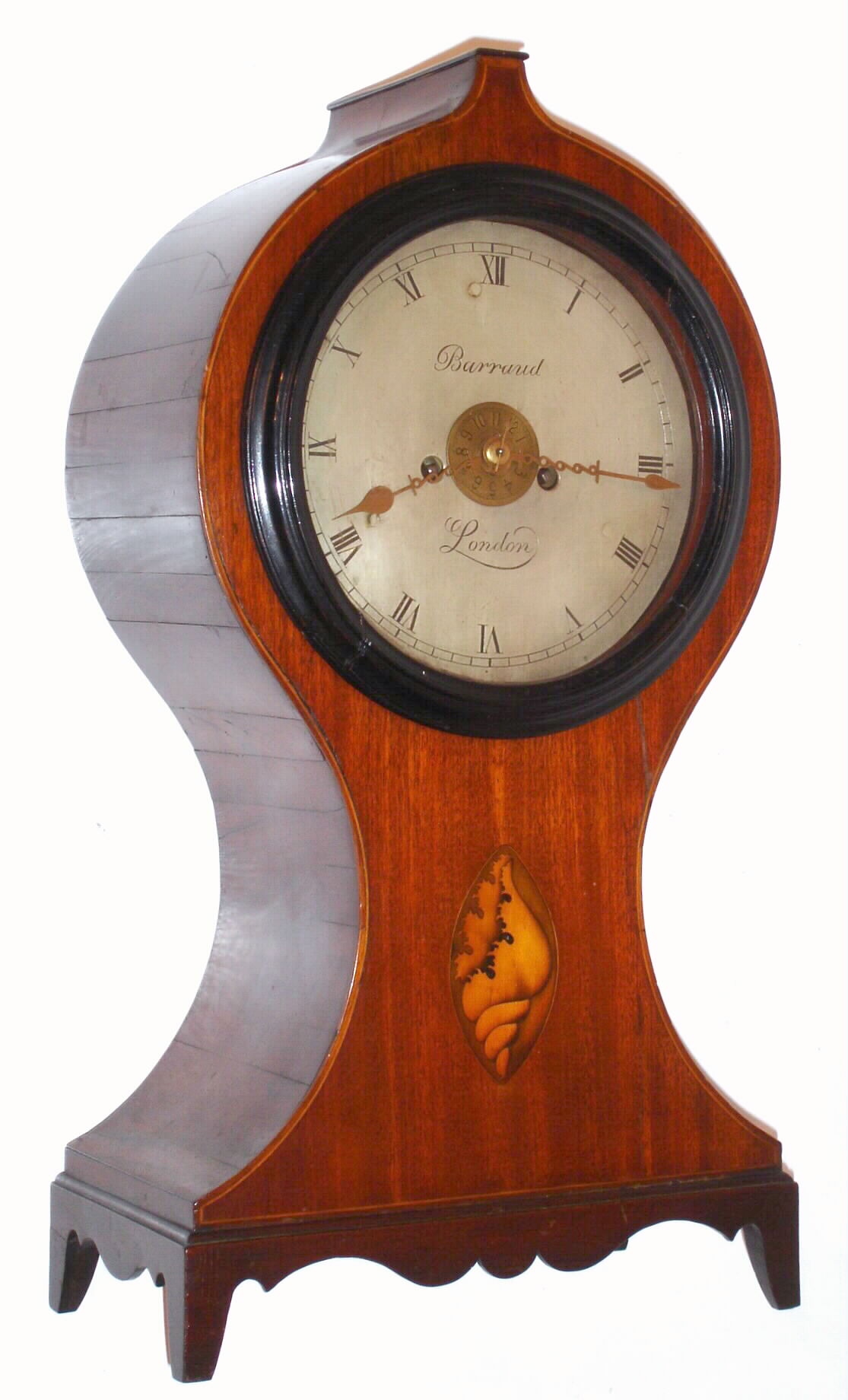Barraud, London English "Balloon" bracket clock with 8 day time, strike and alarm spring driven double fusee movement in inlaid mahogany case, c1790 — Antique Clocks Price Guide