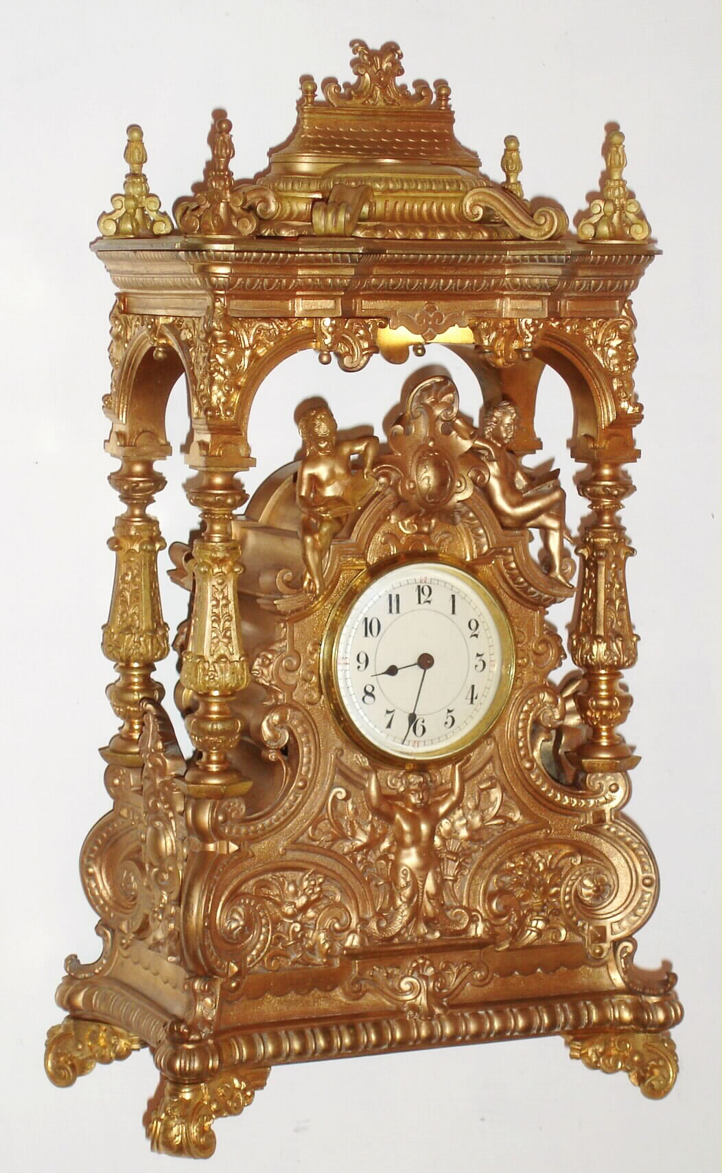 French canopy clock 8 day time only spring driven movement with platform escapement spanning the plates, in a brass case with porcelain dial, c1880 — Antique Clocks Price Guide