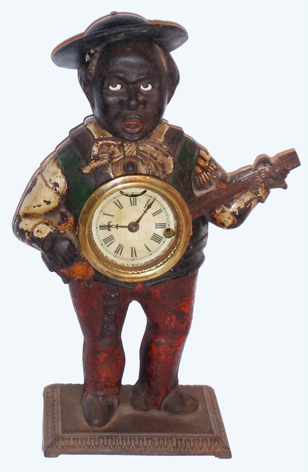 American, probably Bradley and Hubbard, "Sambo" blinking eye mantel clock with 30 hour time only unmarked movement in painted cast iron case, c1875 — Antique Clocks Price Guide