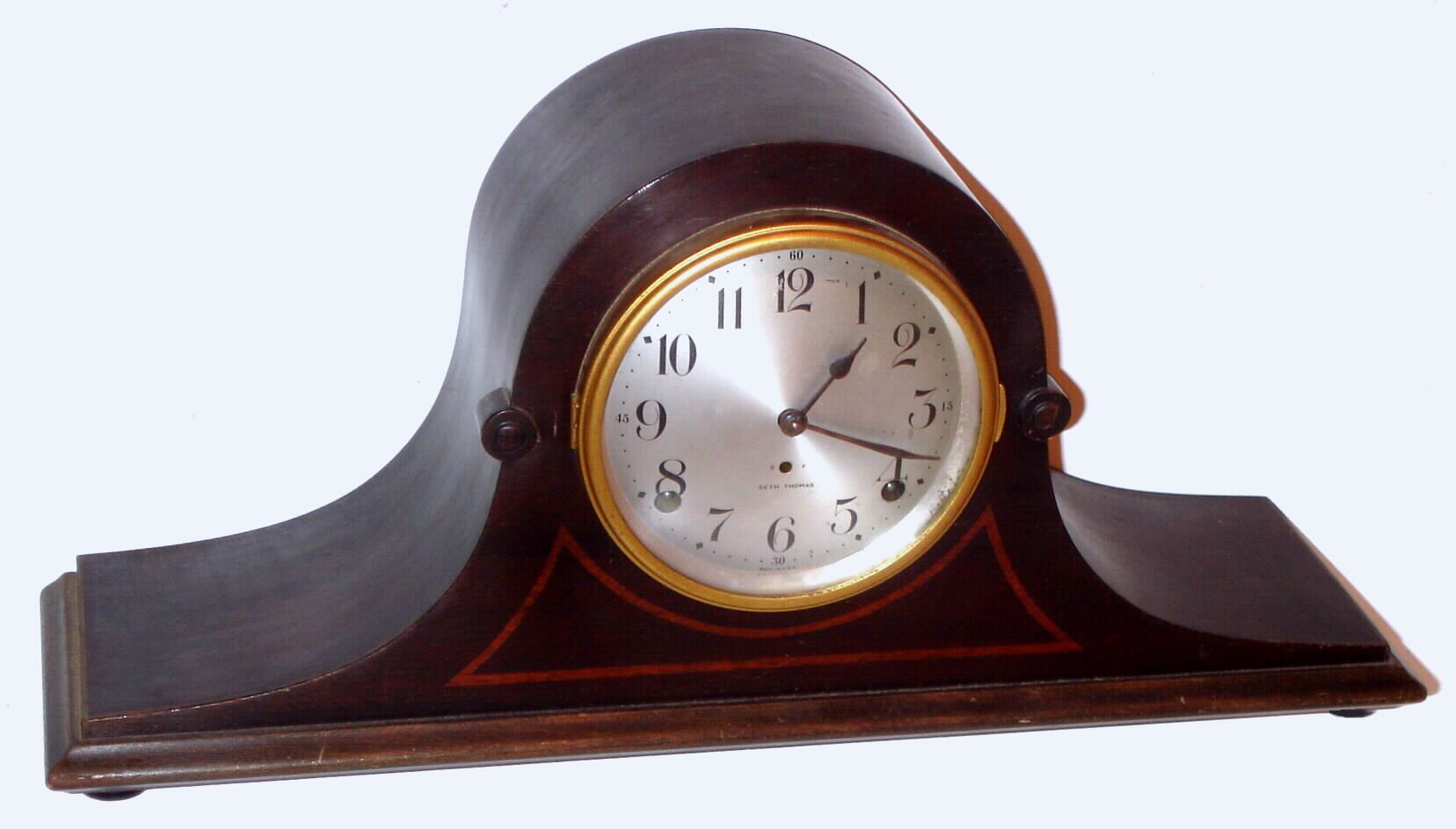 Seth Thomas Clock Co., Thomaston, Conn., C. 1928, "Cymbal 5", 8-day time/strike tambour style mantel clock. This is a two train movement bim-bam striking on the quarter hour. — Antique Clocks Price Guide
