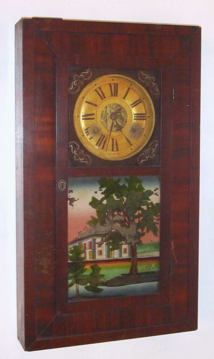 Jeromes, Gilbert, Grant and Co., Bristol, Conn., C. 1839, 30-hour brass movement time/strike mahogany flat front (not beveled or OG) shelf clock. — Antique Clocks Price Guide