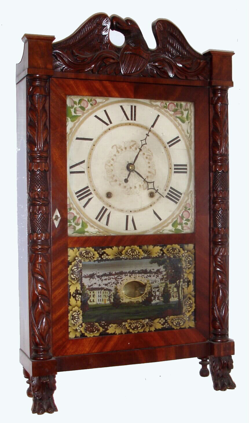 Seth Thomas, Plymouth, Conn., 30-hour time and strike wooden works movement with Patriotic themed carved columns and eagle splat shelf clock, c1830 — Antique Clocks Price Guide