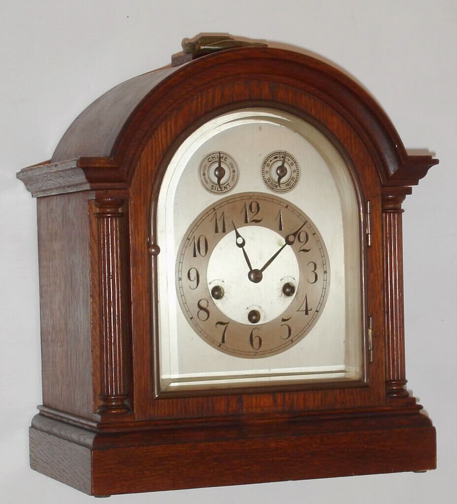 Junghans, German, 8-day time/strike Westminster chime oak mantel clock, C. 1910 — Antique Clocks Price Guide