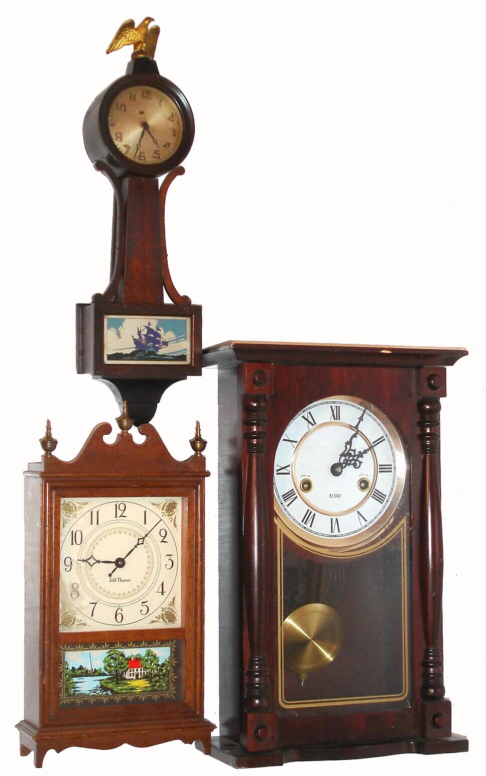 Clocks- (3): a small New Haven balance wheel banjo timepiece, a small Seth Thomas pillar and scroll c1963, and a Korean 31-day wall clock — Antique Clocks Price Guide