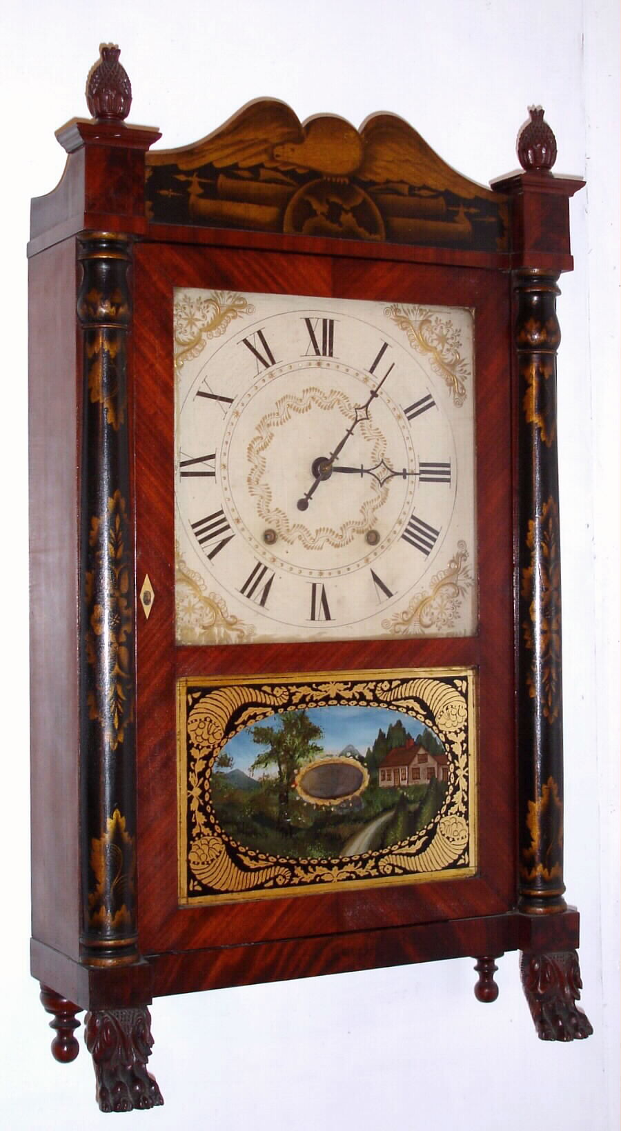 Charles Kirk for George Mitchell, Bristol, Conn., C. 1830, 30-hour time/strike wood movement half column and splat shelf clock. — Antique Clocks Price Guide