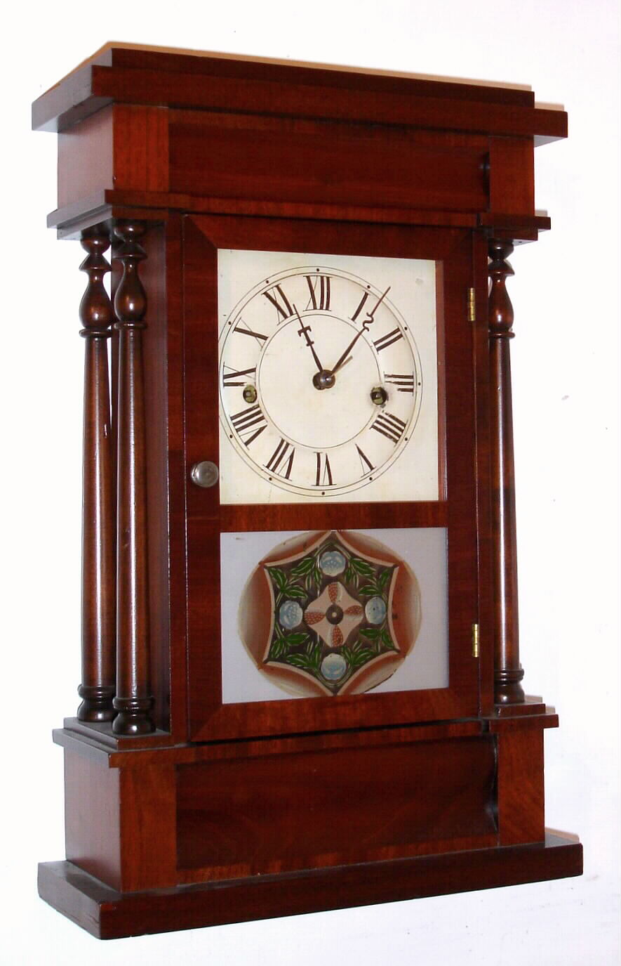 Seth Thomas, Plymouth Hollow, Conn., C. 1850, 30-hour time/strike miniature 4-column "New York style" mahogany veneered shelf clock. — Antique Clocks Price Guide