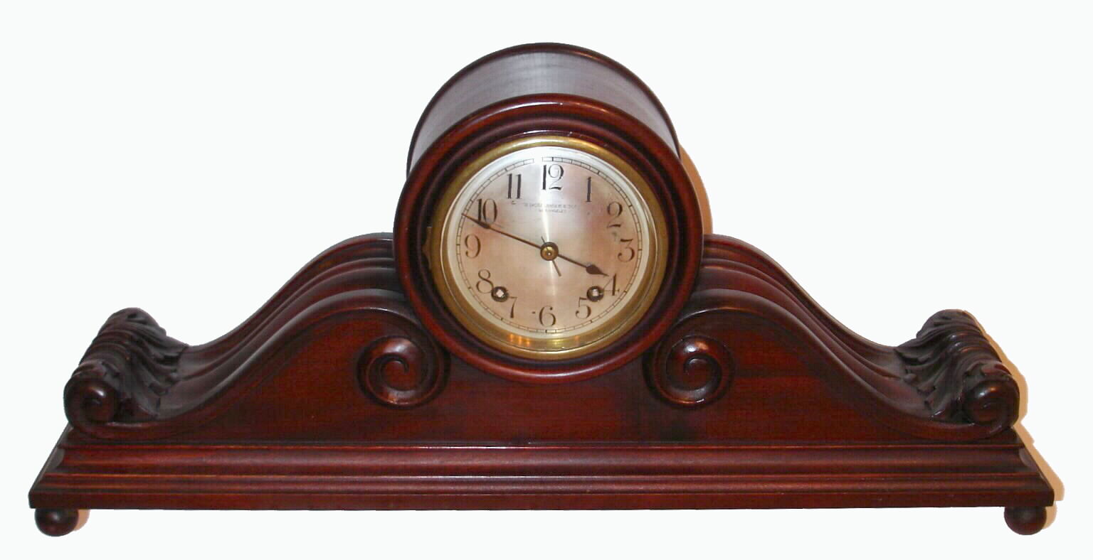 German, 8-day time and gong strike, platform escapement, spring movement, tambour style mantel clock retailed by S. Nordlinger and Son, Los Angeles, C. 1920 — Antique Clocks Price Guide