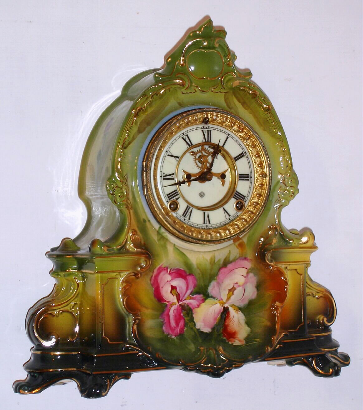Ansonia Clock Co., "La Manche", 8-day time and gong strike porcelain mantel clock, with open escapement on dial center, C. 1904 — Antique Clocks Price Guide