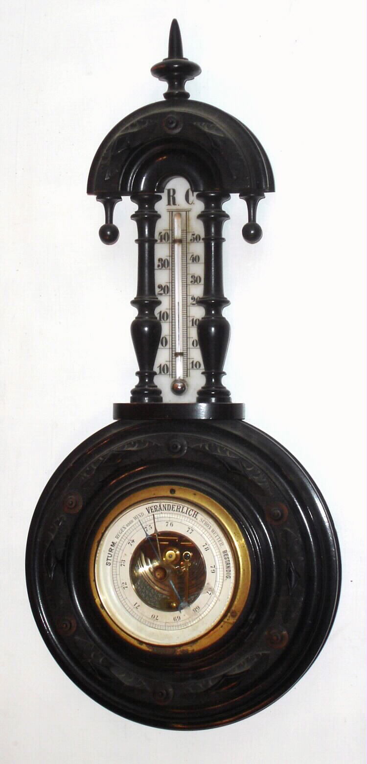 German, wall mounted Aneroid barometer and thermometer. This thermometer is unusual in that it uses the Celsius and Reaumur scale. The Reaumur scale was invented in 1730 by Rene Reaumur and had wide spread use in Europe in the 18th and 19th century, c1880 — Antique Clocks Price Guide